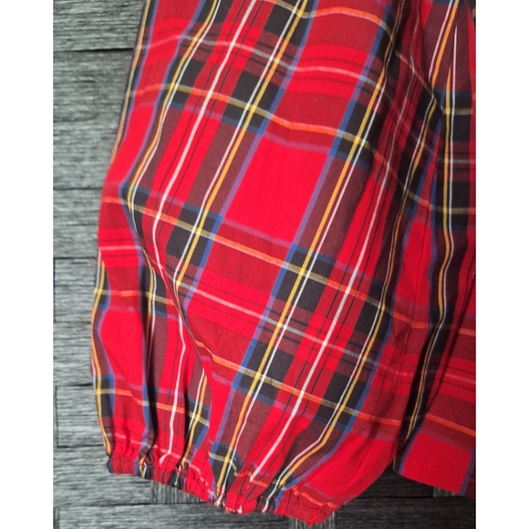 J. Crew | Women's Red Tartan Plaid Ruffle Neck Blouson Sleeve Top - Picture 7 of 16